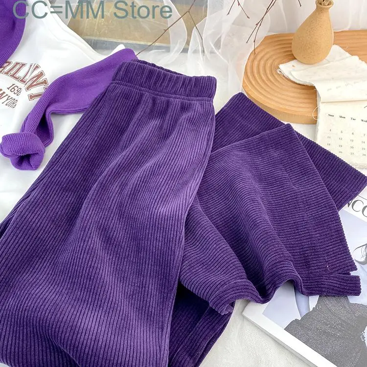 New Corduroy Fleece Wide Leg Pants Women Elastic Waist Purple Purple Split Trousers Fall Winter Full Length