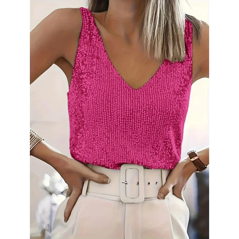 Damen Pailletten V-Ausschnitt Tanktop Ärmellos Glitzerndes Camisole Figurbetont Party-Oberteil Sommer Casual Ausgeh-Streetwear Top Y2k Kleidung