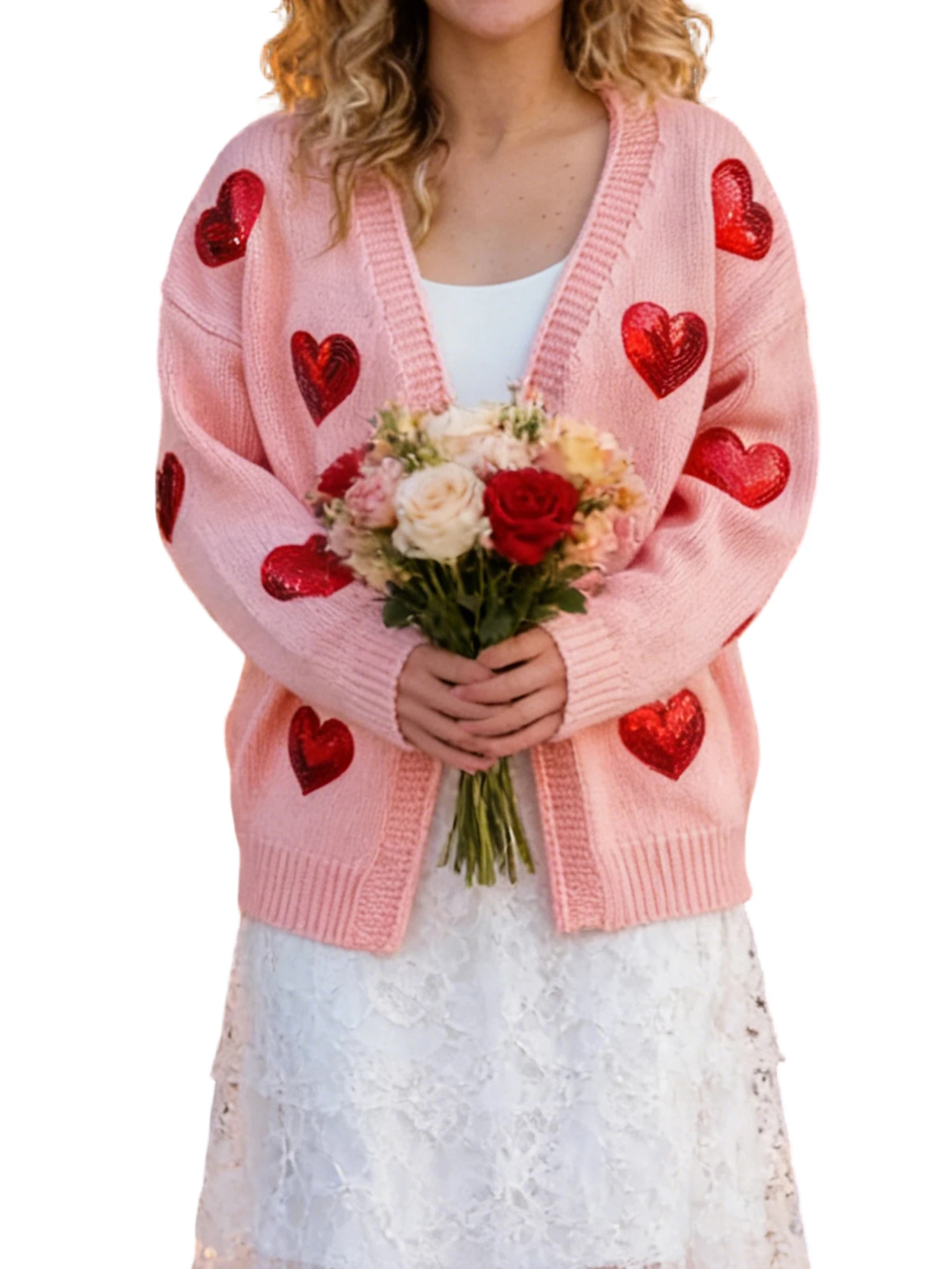 

Women Sequin Heart Cardigan Open Front Long Sleeve Knitted Sweater Jacket Casual Winter Fall Clothes