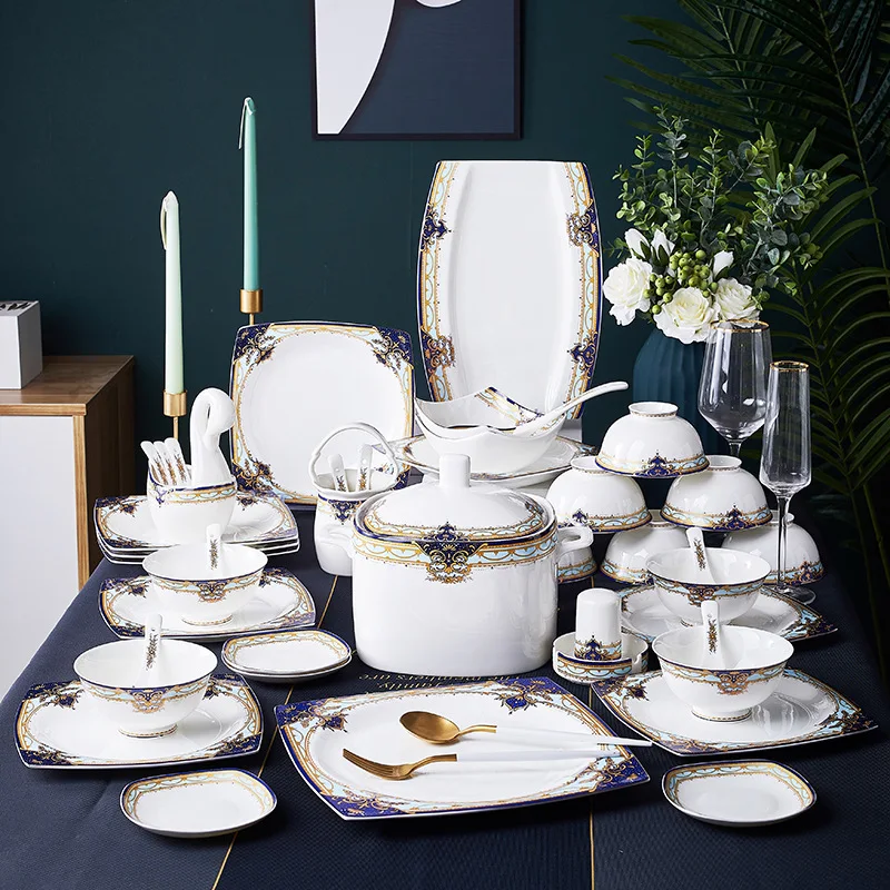 Luxury 60 pieces European new home party porcelain plate set ceramic fine bone china tableware set