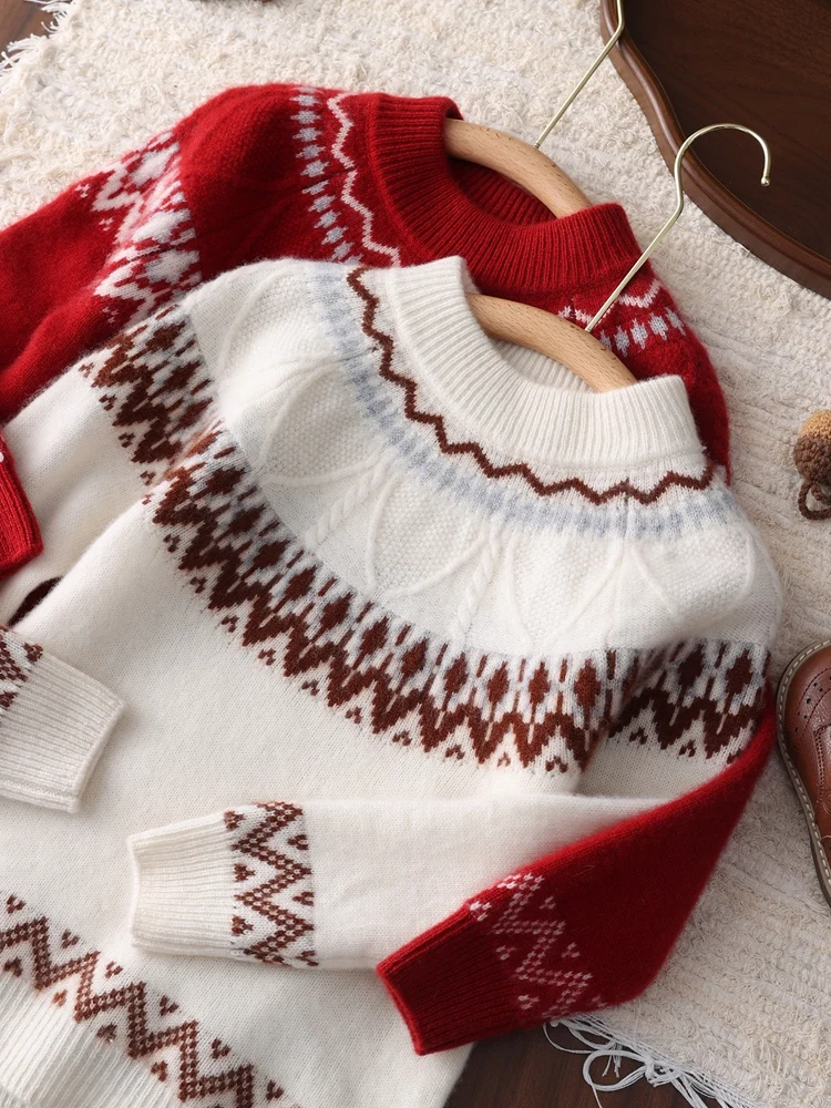 Children Cashmere Sweater Fair Isle Jacquard Pullover Boy Girl Christmas Autumn Winter Thicken 100% Cashmere Knitwear Kids Tops