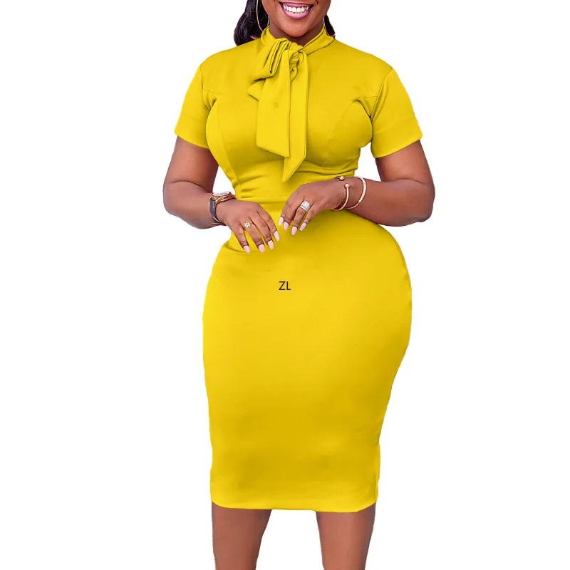 Elegant Midi Bodycon Dress for Women Pencil with Sashes Short Sleeve White Yellow Blue Pink Daily Office Work Classy Gowns 2024