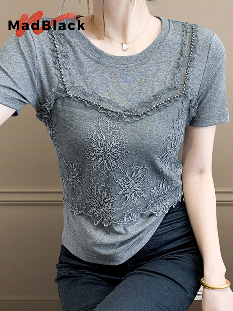 

MadBlack-Women European T-Shirt, Sexy O Neck Lace Beading, Streetwear Short Sleeve Slim Fake 2 Pieces Tee, 2025 Summer T55907CC