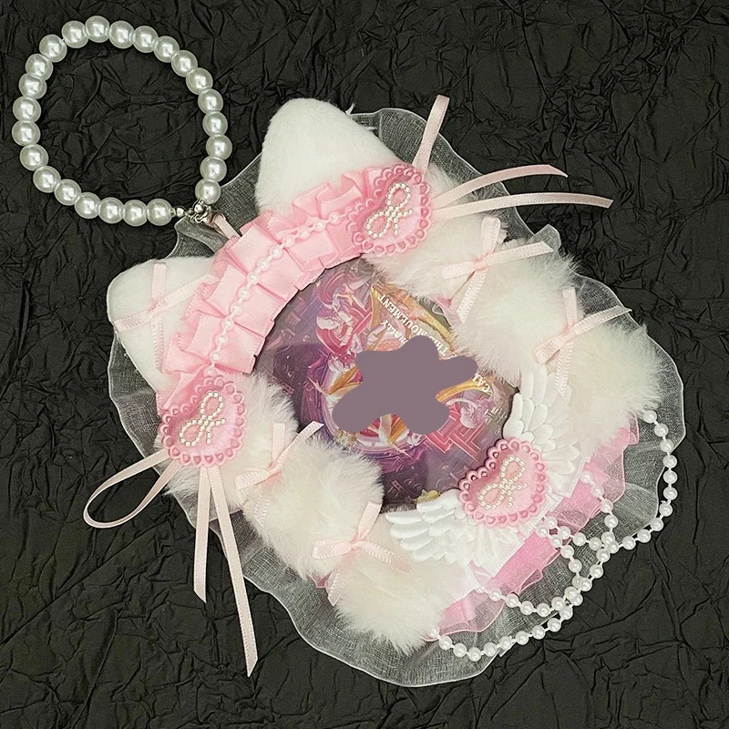 Plush Cat Ears Angel Wings Bead Chain Lace Card Display Holder Lolita Bowknot 3inch Kpop Fan Card Decorative Border Macaron Color Series Polaroid Photo Idol Collection Ita Bag Ita Board Decoration Photocard Topper