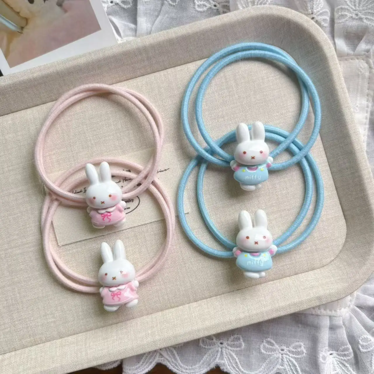 Kawaii Miffy Hair Tie Cute Cartoon Miffy Double Thin Rubber Band Hair Bun Bow Hair Tie Cartoon HairAccessory