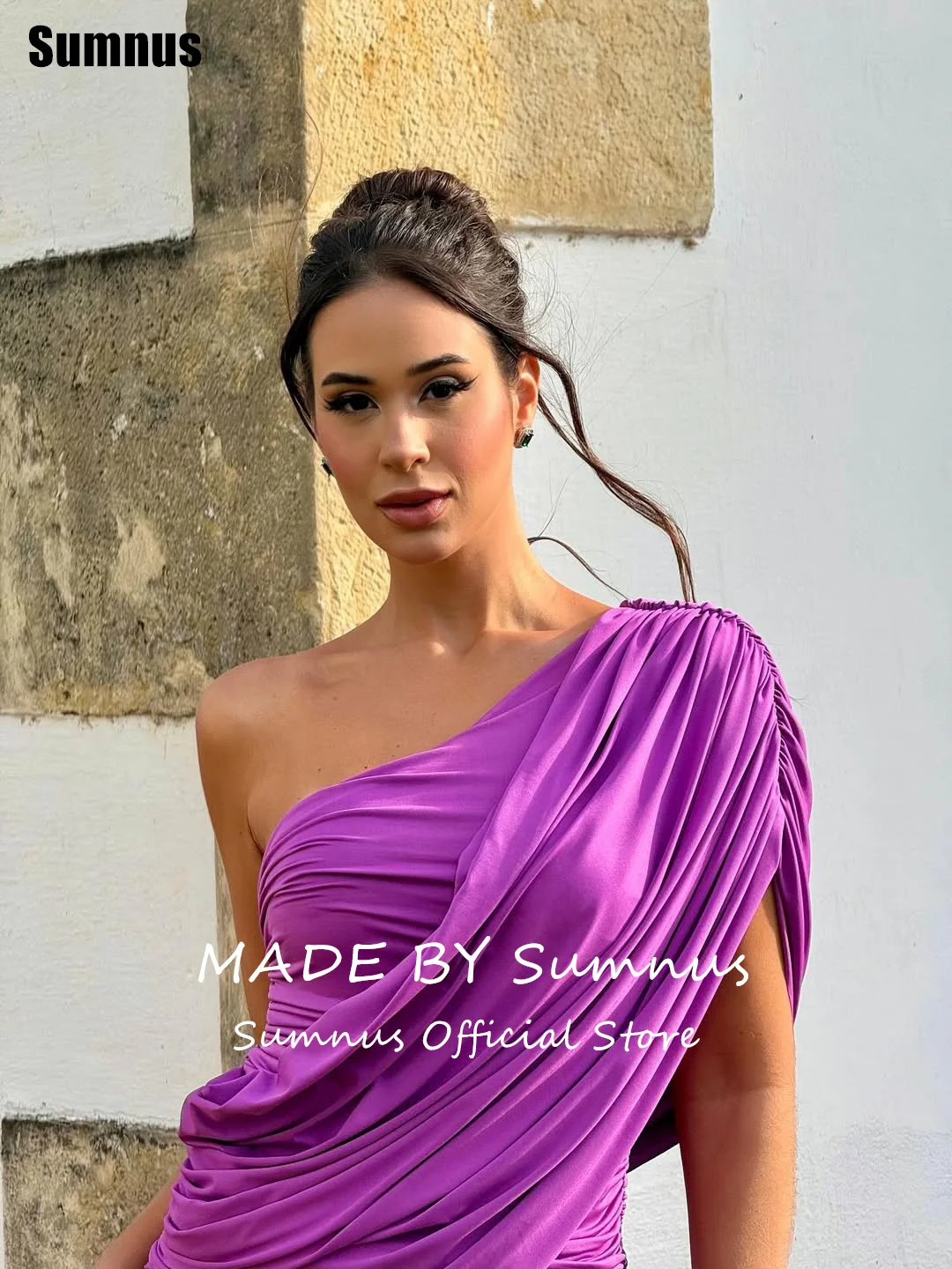Sumnus エレガントなパープル A ライン イブニング ドレス ワンショルダー プリーツ ノースリーブ プロムドレス فساتين سهرة カスタマイズ