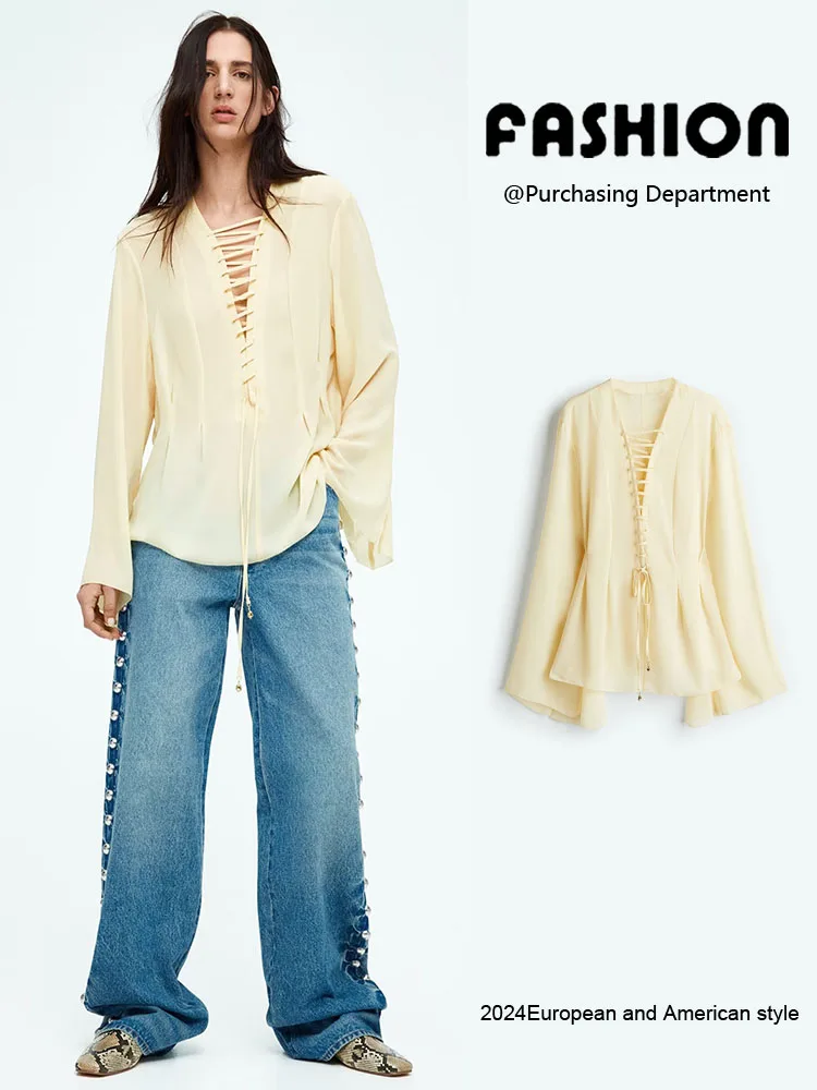 2025년 여름 신상 여성 긴팔 셔츠 루즈핏 쉬폰 와이드 웨이스트 디자인 브이넥 단색 출퇴근 스타일 탑