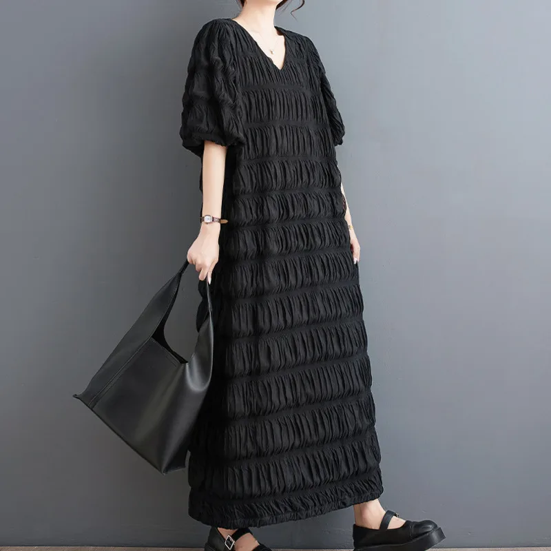 #6595 Pleated Long Dress Half Sleeve Loose Straight Vintage Dress V-neck Ankle-length Ladies Dresses Spring Summer