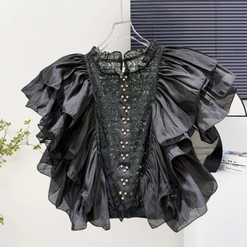 

Black,New,Summer,Korean,Style,Ruffles,Blouse,Women,Chic,Sexy,Hollow out,Crochet,Shiny,Diamonds,Sleeveless,Pullover,Tops,561902