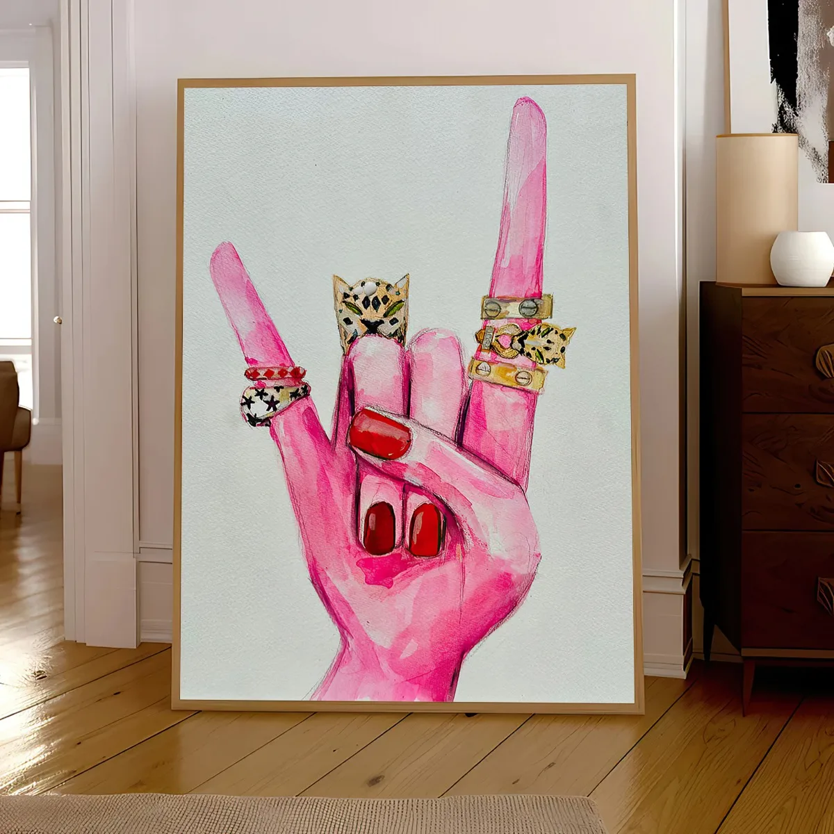Pink Hand Gesture & Ring Canvas Print Poster Modern Trendy Female Hands Aesthetics Art Prints Living Room Wall Art Home Decor