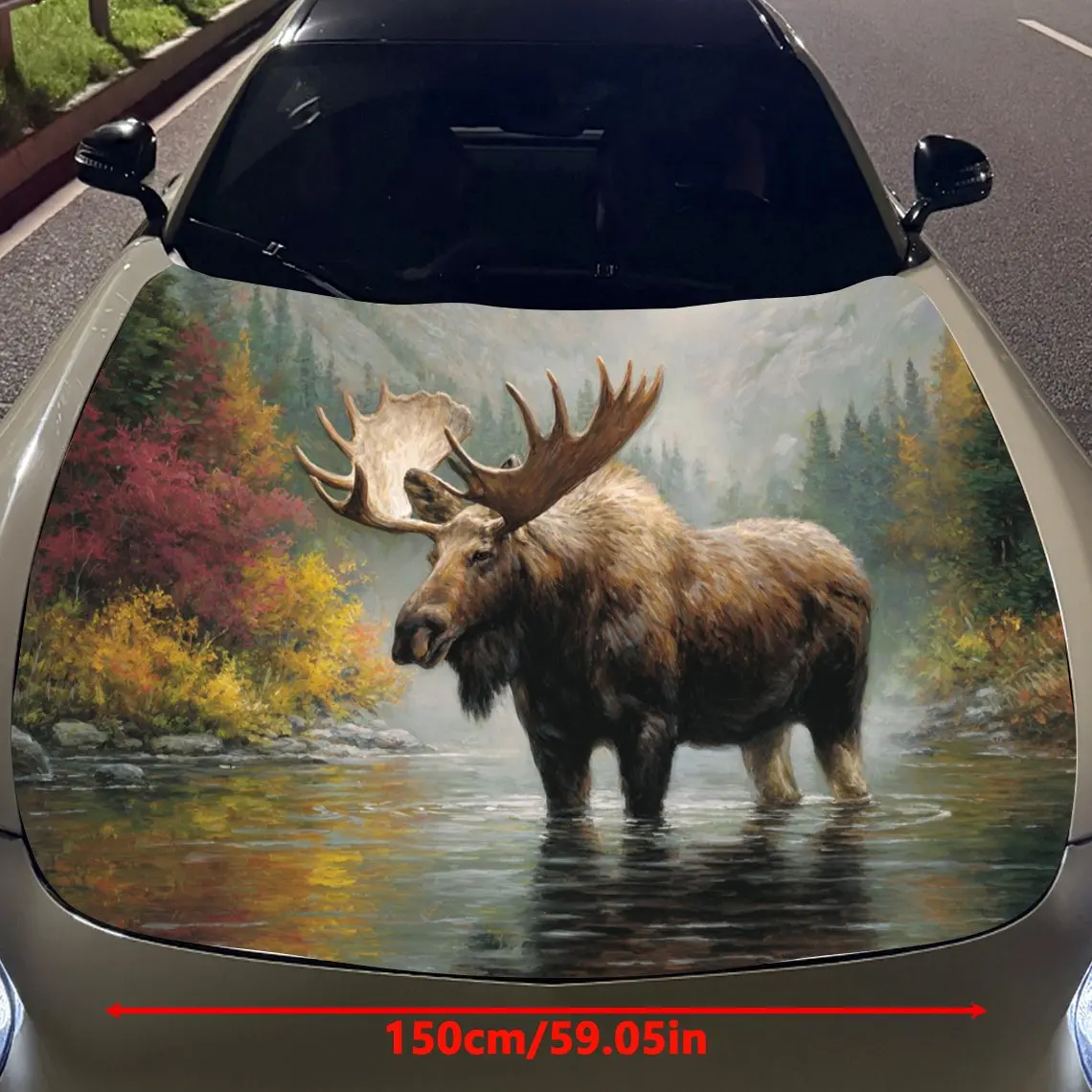Car Decals Moose in Autumn Forest Stream Car Hood Sticker, Waterproof Self - Adhesive Vinyl Graphics Decals, Decorative Protecti