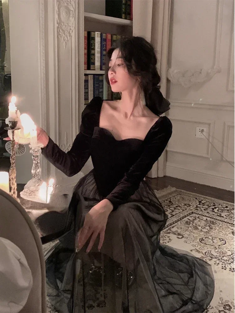 2022 Autumn Elegant Velvet Long Sleeve Midi Dress Woman Slim Vintage Evening Party Dress Female Casual Korean Fashion Dress Chic