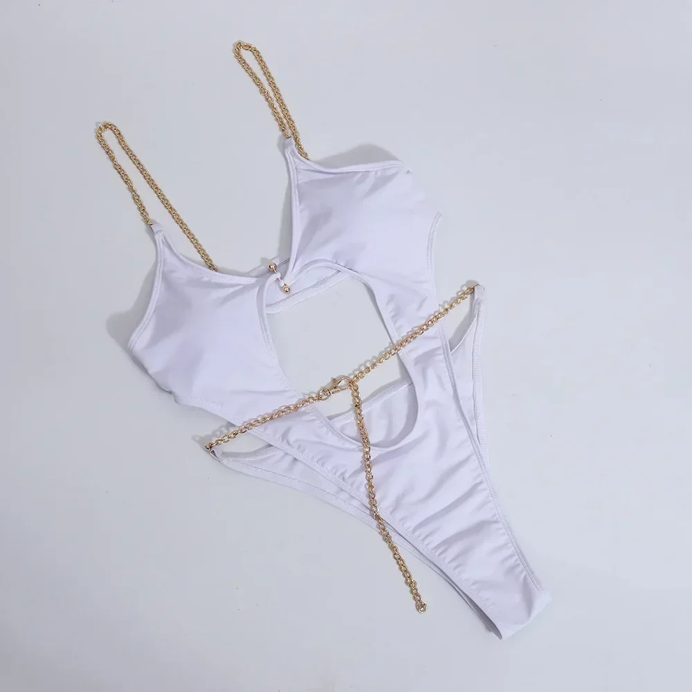 Seksowny jednoczęściowy damski kostium kąpielowy łańcuszkowy strój kąpielowy damski kostium kąpielowy plażowy bez pleców Bikini Monokini brazylijski
