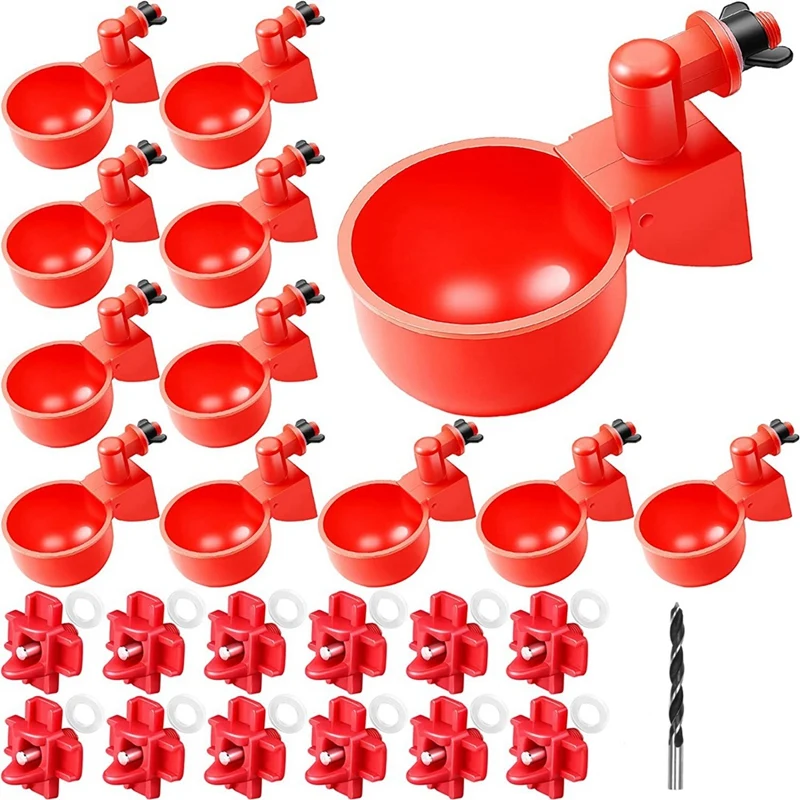 12 Chicken Water Cups And 12 Chicken Waterer Nipples With Drill Bit Replacement Automatic Filling Poultry Drinking Bowl