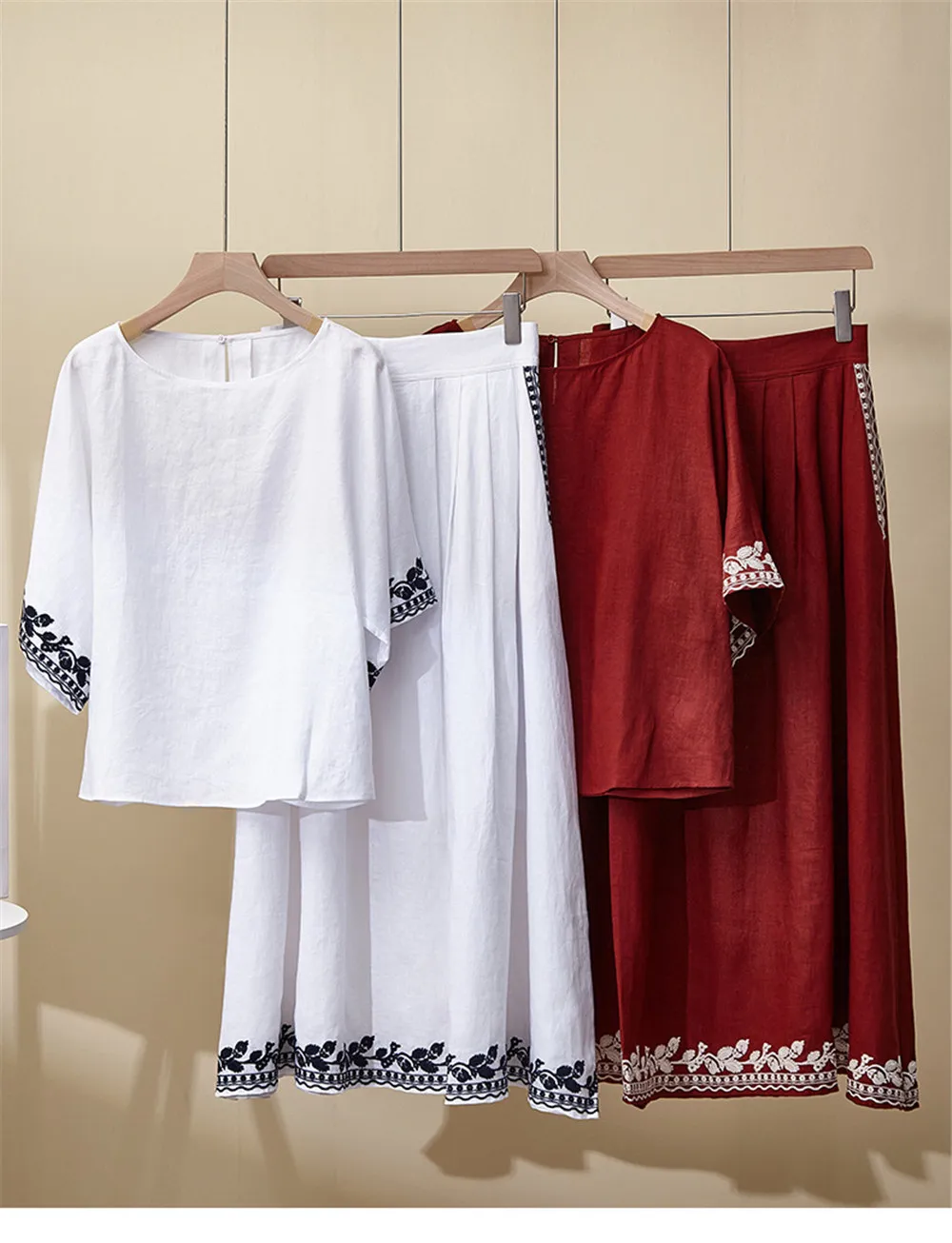 

Women's Linen Embroidered Short Sleeve Shirt +Hight Waist A-line Skirt Temperament Elegant Suit Spring Summer New