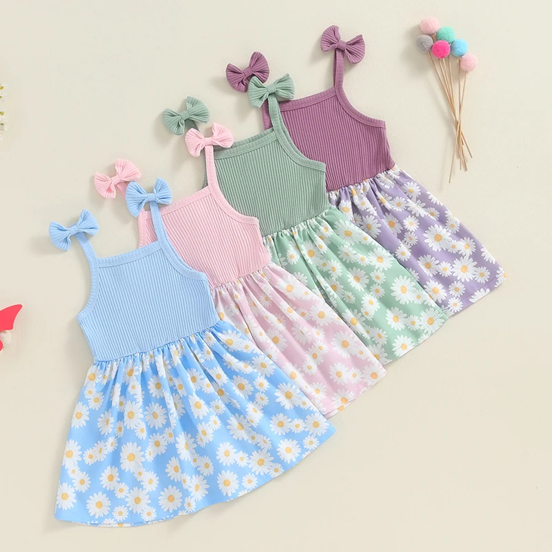 1-5Y Little Girl Summer Prinicess Cami Dress A-Line Bow Daisy Print Square Neck Spaghetti Strap Ribbed Dresses Sundress