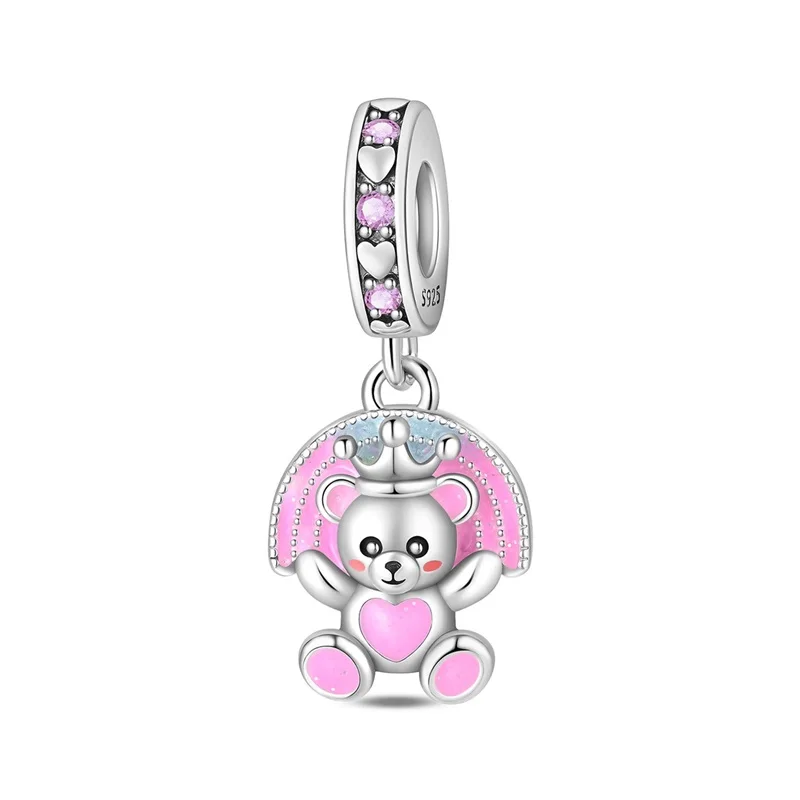 

Fit DIY Original 925 Sterling Silver Rainbow Bear Charms Beads Sparkling CZ Zircon Dangle For Women Girls Cute Jewelry Gifts