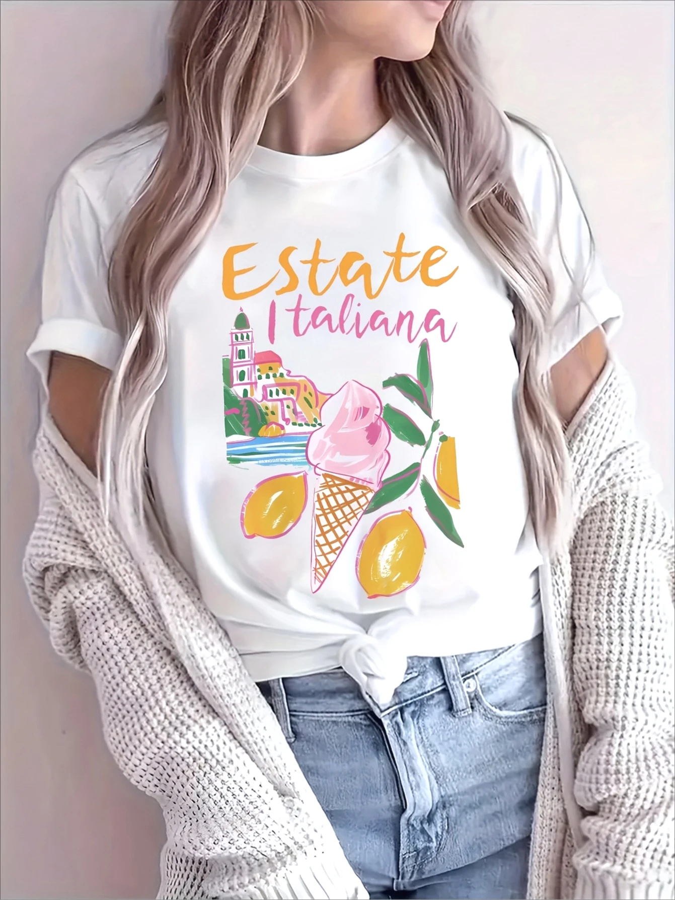 Estate Italia-Camiseta con estampado de helado, pantalón corto informal de manga corta con cuello redondo, ropa cómoda de moda para el día a día para mujer