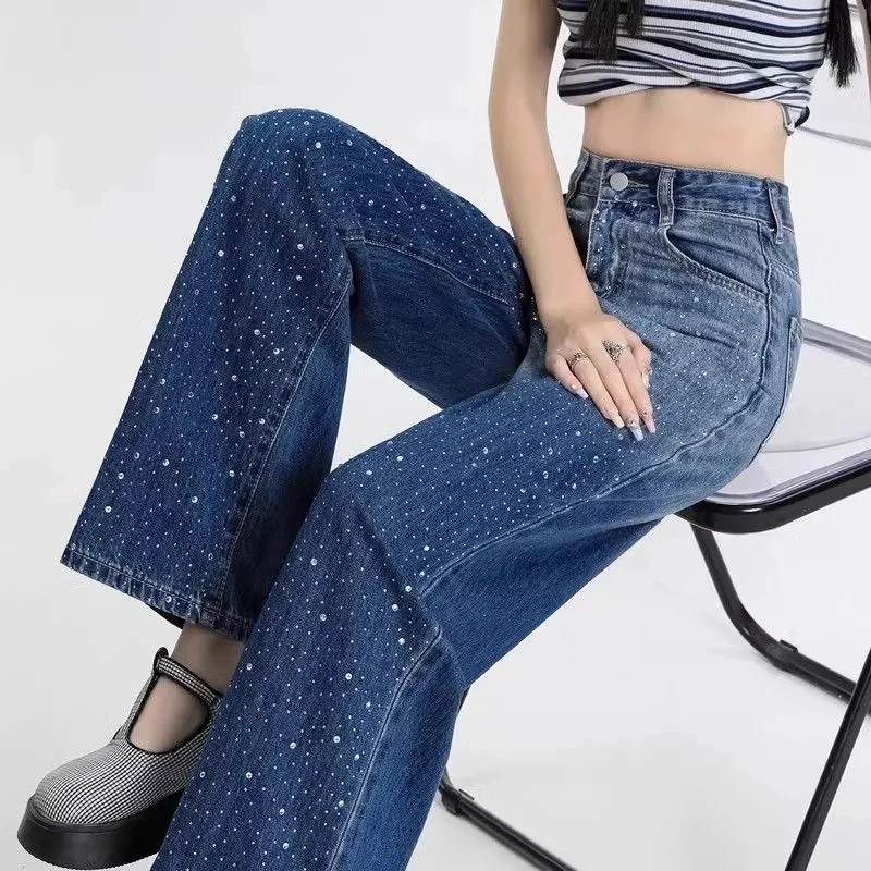 

Джинсовые широкие брюки с высокой талией, тяжелая промышленность, горячее тиснение, женские осенние брюки 2023, новые свободные повседневные прямые джинсы