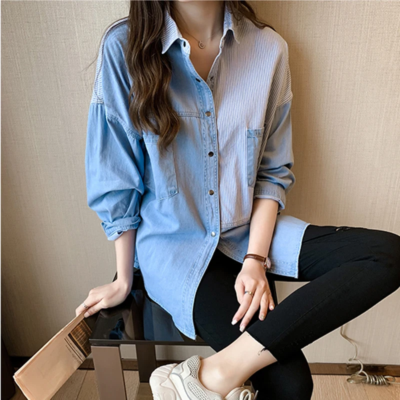 2024 Spring Camisa Jeans Feminina Shirt Korean Autumn Cotton Long Sleeve Women\'s Denim Shirt Female Loose Loose Blouse New 7256