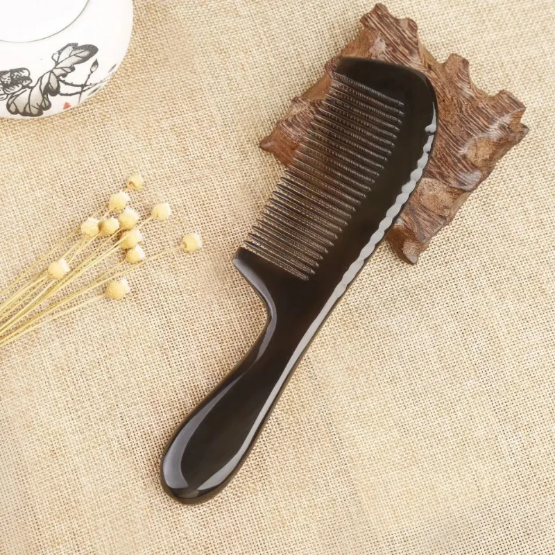 Natural Buffalo Horn Comb Fine Teeth Anti Static Massage Hair Comb with Thickening Round Handle for Head Health Barber Comb