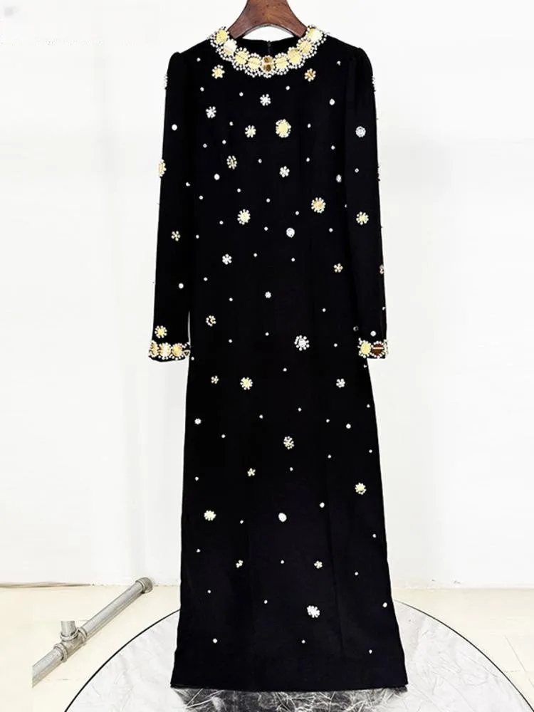 New Elegant Black Long-Sleeve Maxi Dress With Floral Beaded Embellishments For Womens Evening Gown For Luxurious Fabric vestidos