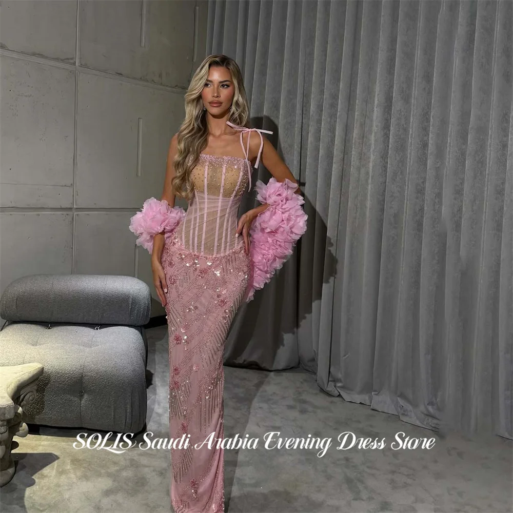 

SOLIS Pink Evening Dress Spaghetti Strap Party Dress Mermaid Detachable Sleeves vestidos de fiesta Sequin Prom Gowns Customized