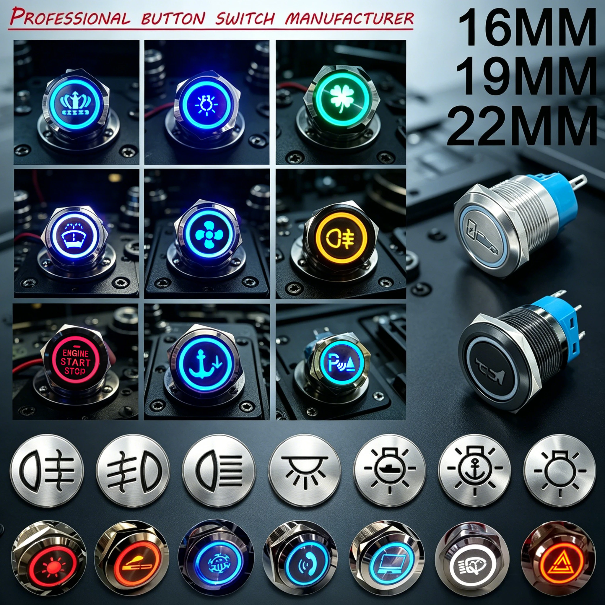 

16/19/22MM Customized Metal Button Switch LED With Socket 12V 24V Black/Silver Waterproof Suitable for Cars, Ships, Motorcycles