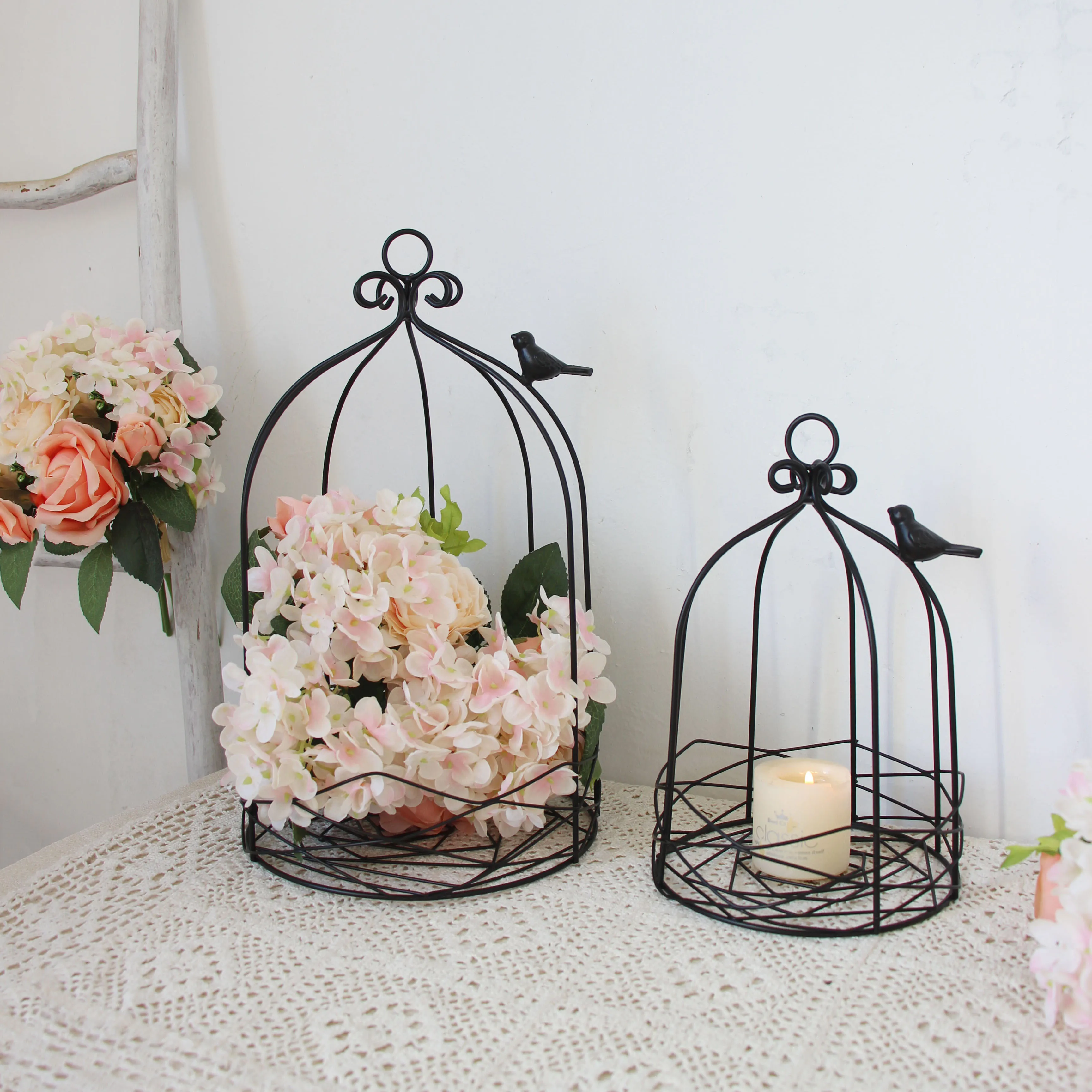 new Outdoor Modern iron garden metal birdcage black line cage with Bird hook decoration hanging flowerpot succulent plants