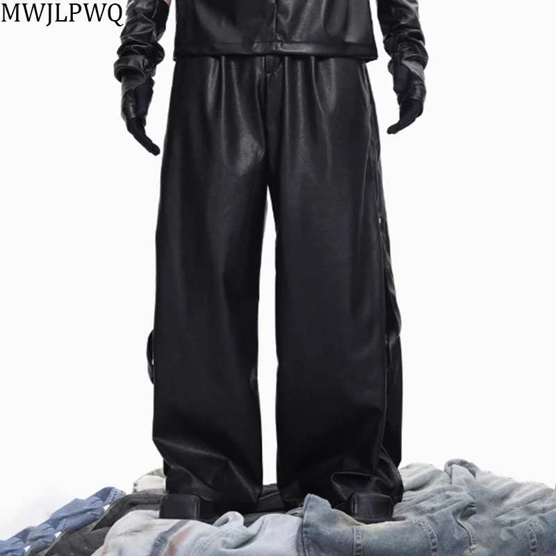 

MWJLPWQ Black PU Leather Pants Male New Tide Thin Bottom High Street Solid Color Loose Wide Leg Trousers 2025 Autumn 010834
