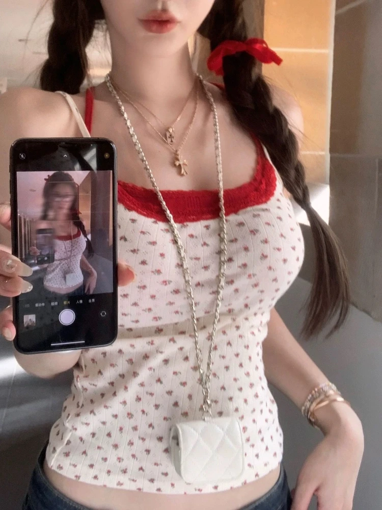 Hotsweet Camisoles Women Fake Two Pieces Floral Printed Korean Style Summer Sexy Streetwear Slim Crop Tops Ulzzang Trendy Ins