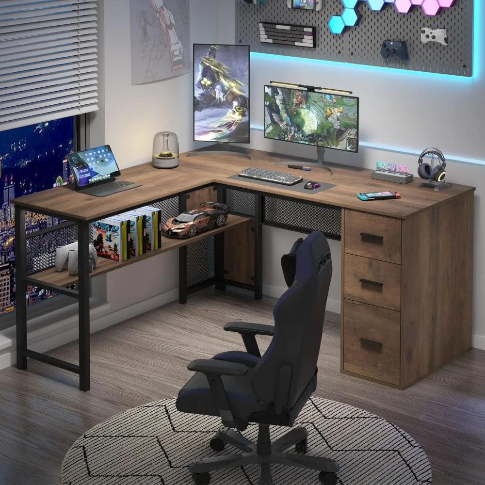 Escritorio de madera en forma de L, escritorio de oficina grande para computadora con archivadores, escritorio ejecutivo reversible en forma de L con cajones, yo