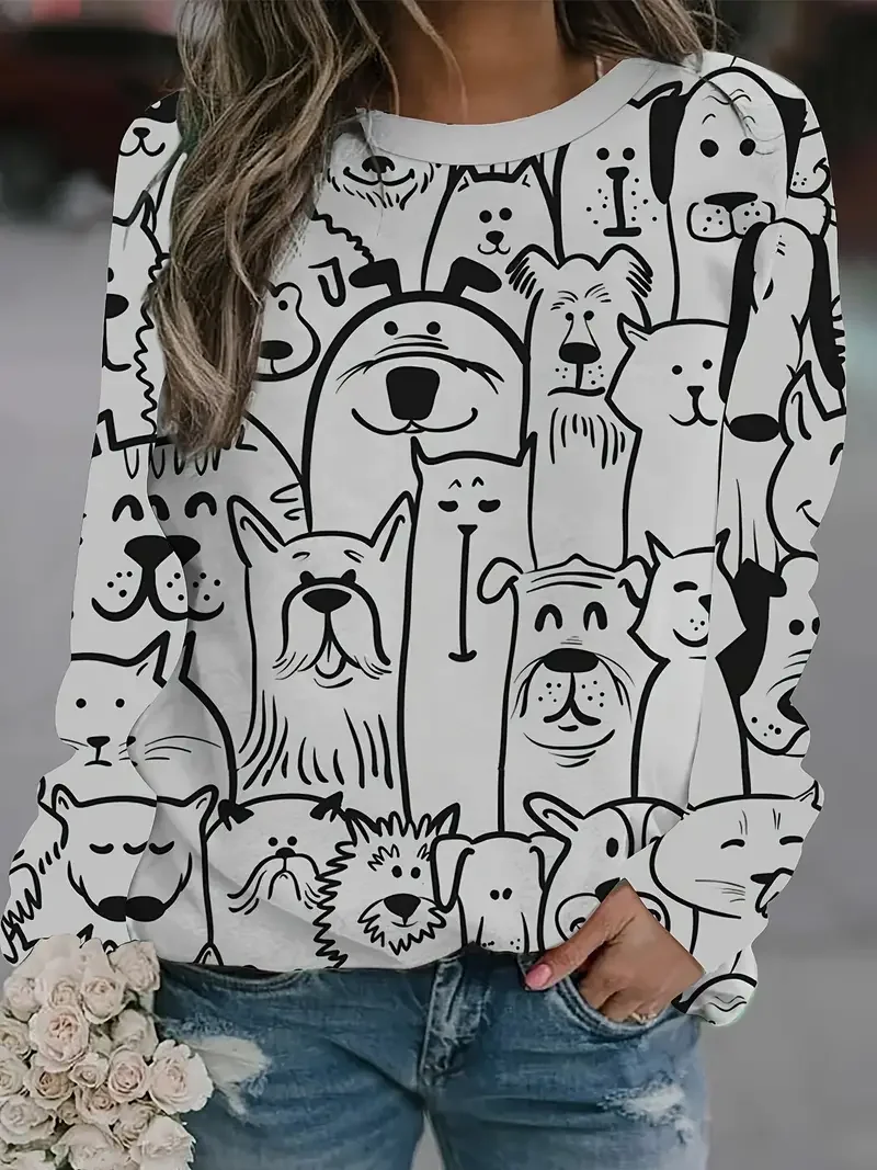 

2024 New Women's Hoodie With Dog Pattern 3D Digital Printing Round Neck Women's Sportswear, Comfortable Long Sleeve, Women's