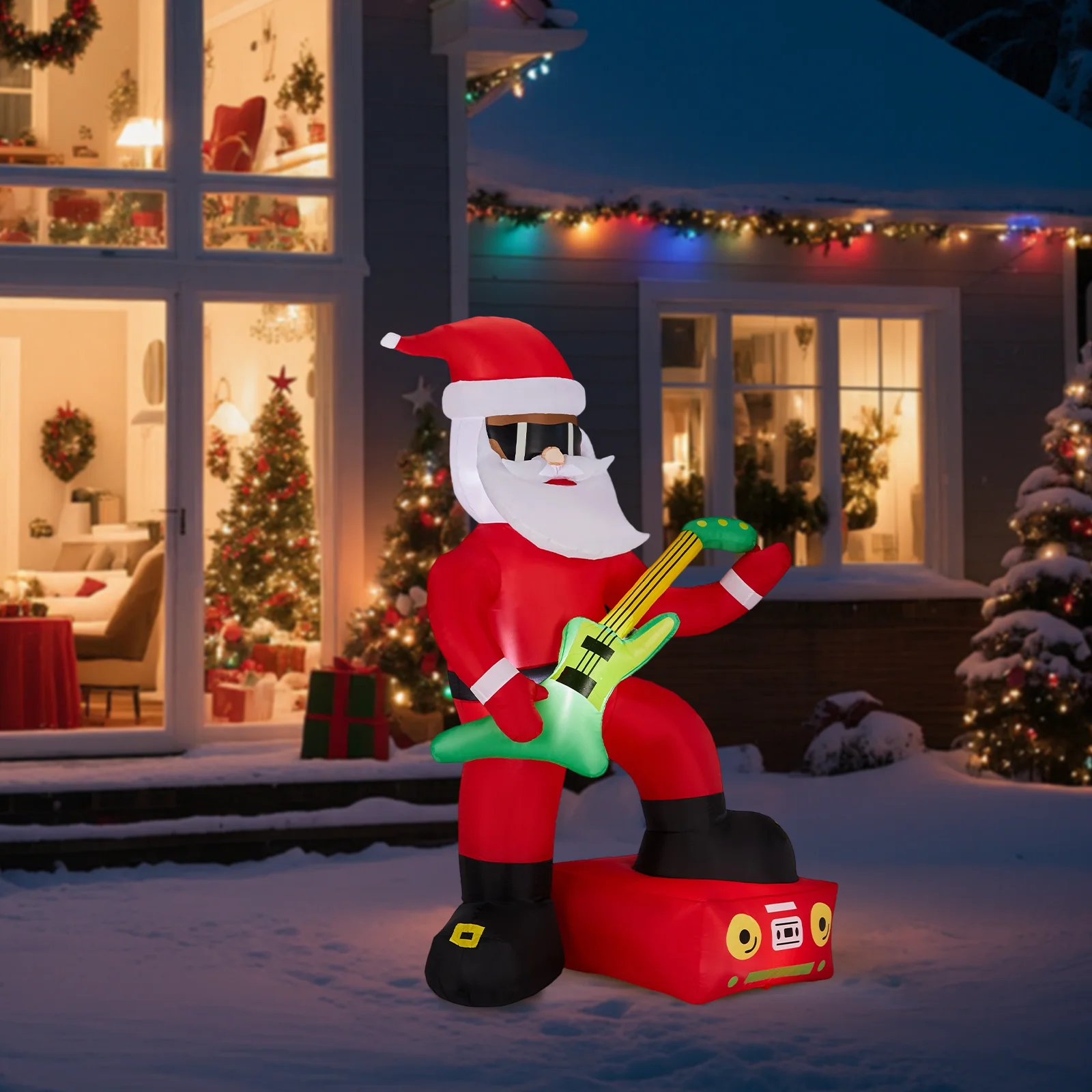 

7.5FT Lighted Christmas Inflatable Decoration, Inflatable Black Santa Playing Electric Guitar, Funny Blow Up Yard Decorations wi