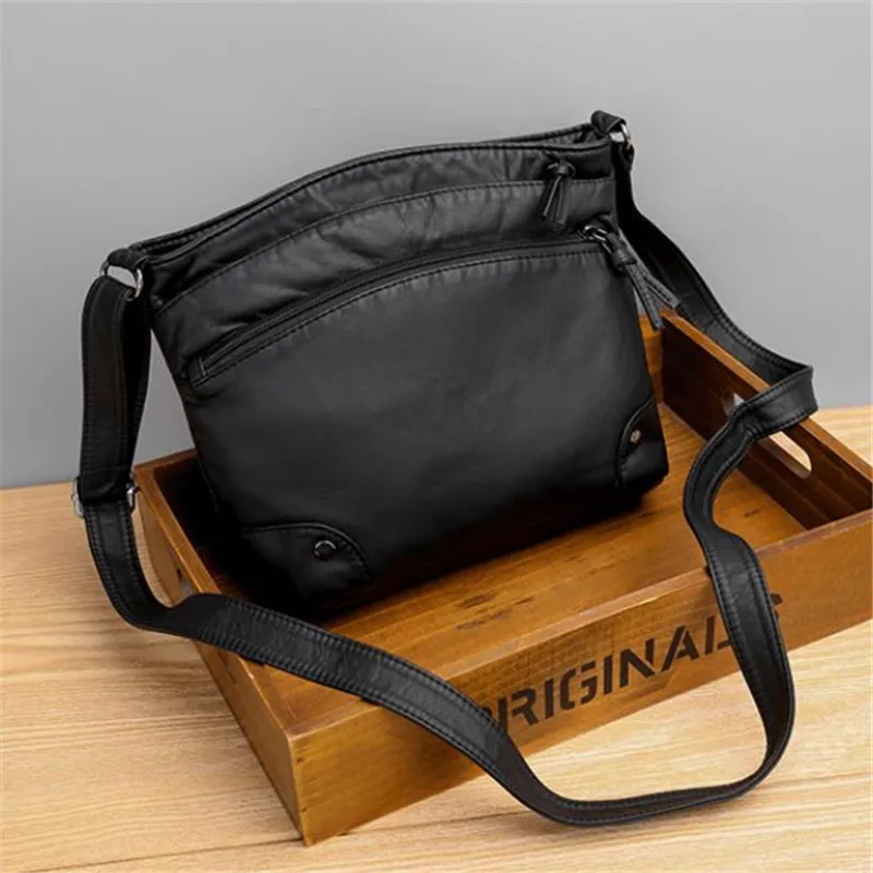 Vintage miękka skórzana torba kurierska, retro wiele kieszeni torba na ramię, moda damska torba Crossbody i torebka