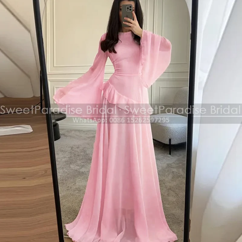 

Flowy A Line Evening Dress With Long Sleeves Jewel Neck Pink Chiffon Customized Prom Dresses Party