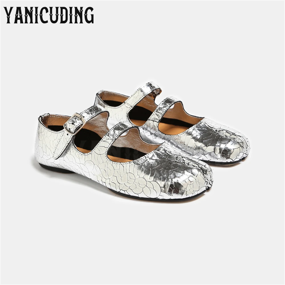 

Silver Crack Leather Collection Tabi Shoes Women's Mary Janes Ballerinas Pumps Novelty Designer Cylindrical Heel Split Toe Shoes