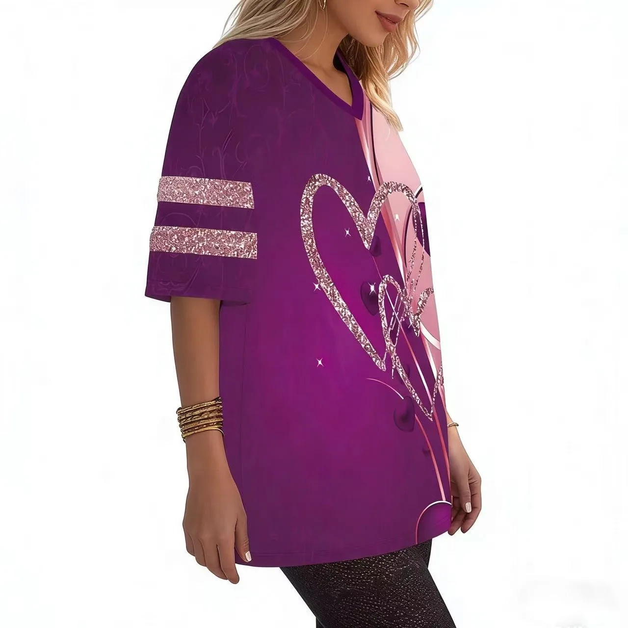 تي شيرت بطبعة قلب مقاس كبير، تي شيرت كاجوال للربيع والصيف برقبة على شكل حرف V وأكمام قصيرة، ملابس بمقاسات كبيرة #4