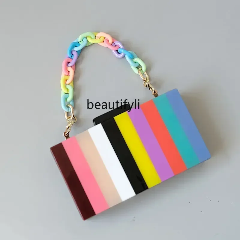 

xzzL11 zq Women's Spring and Summer Acrylic Colorful Striped Dinner Bag Stitching Shoulder Crossbody Wedding Clutch