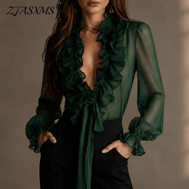 Elegant Women Solid Sheer Shirt Deep V Ruffled Lace Up Hollow Lantern Long Sleeve Tops Holiday Fall Bohemian Office Party Blouse