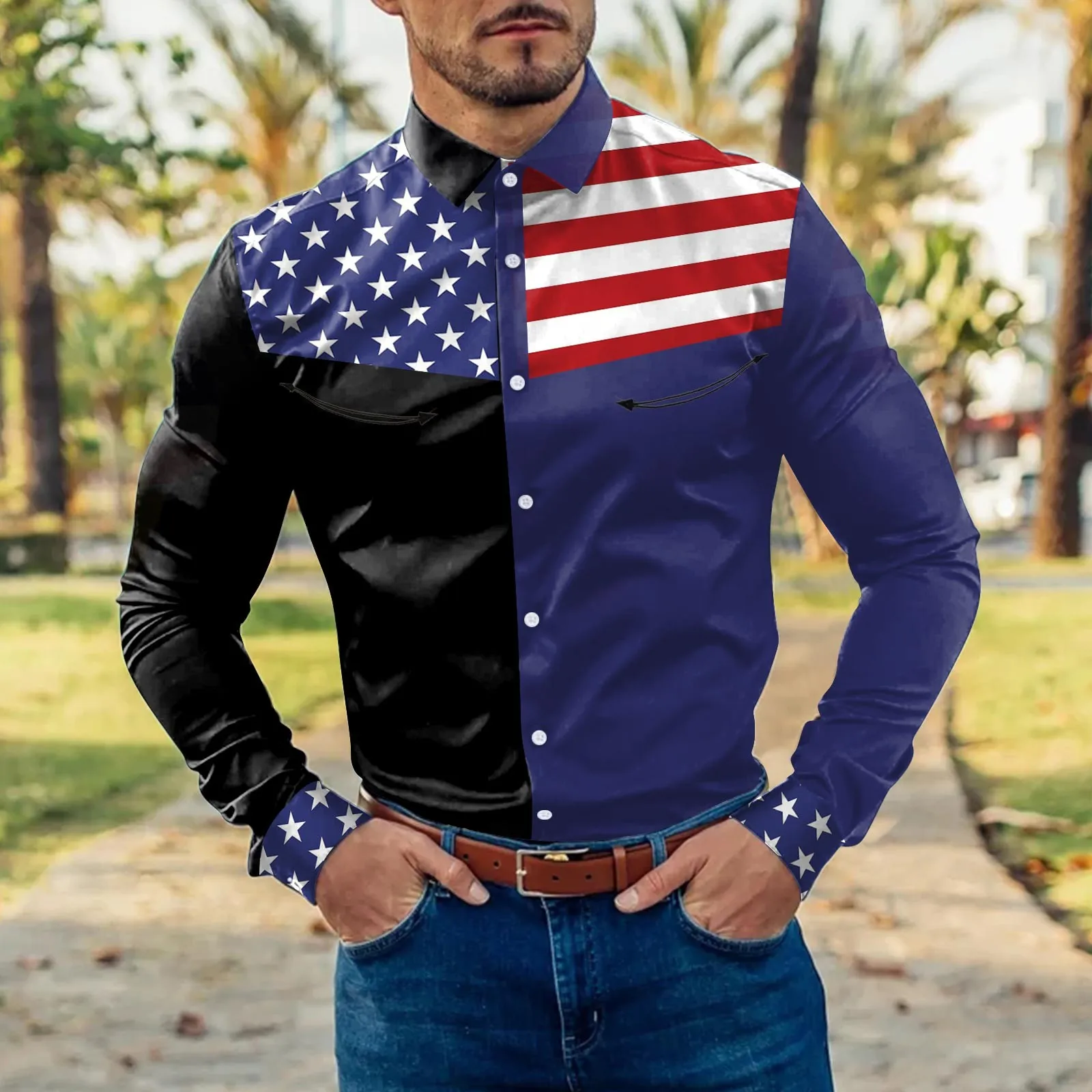 Long Mens Fashion Striped Shirts Man Vintage American Flag 3D Print Casual Color Social Y2k Dress Streetwear Floral Slim Camisa