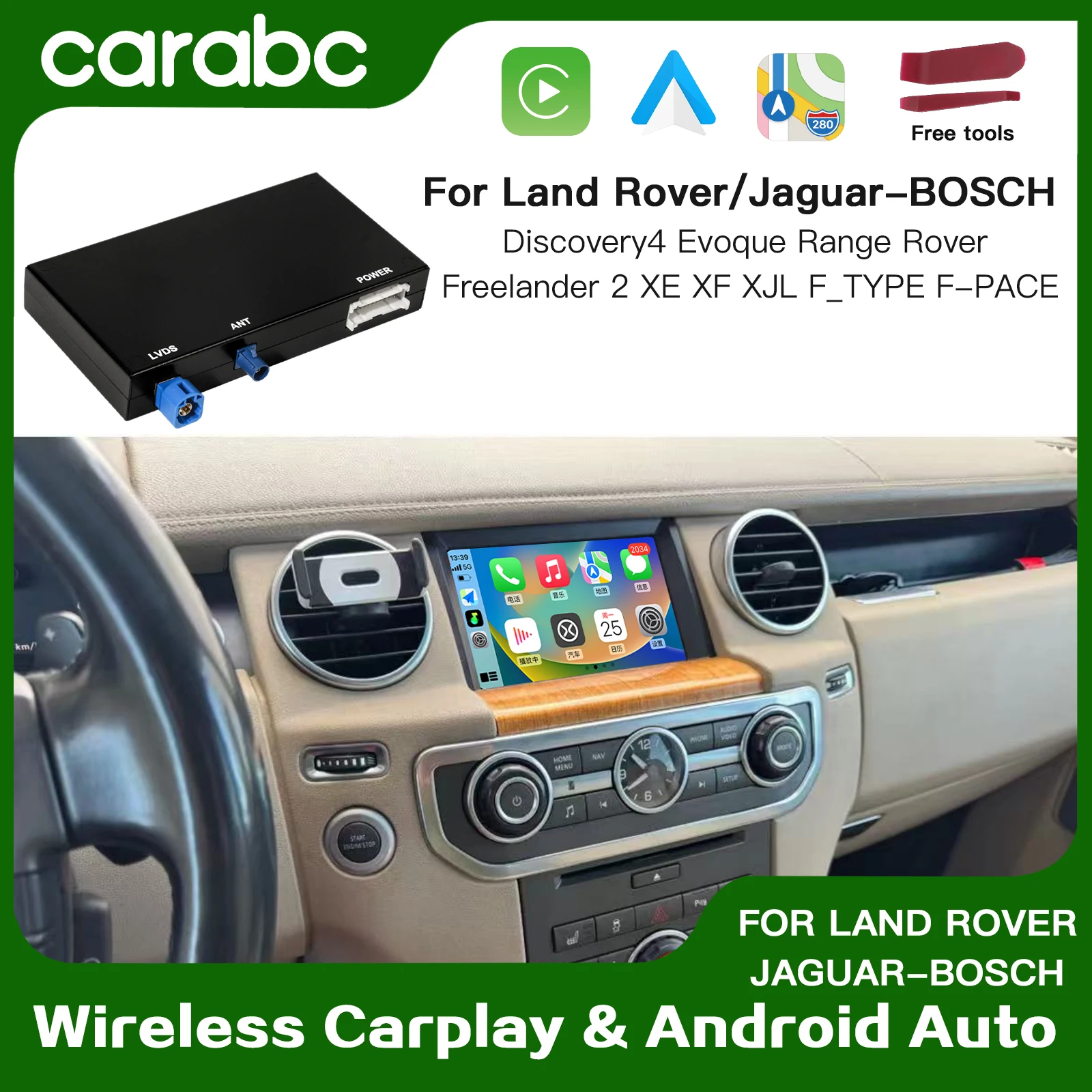 Carabc carplay sem fio android auto se encaixa para land rover jaguar bosch discovery4 evoque freelander2 xf xjl xe espelho decorde