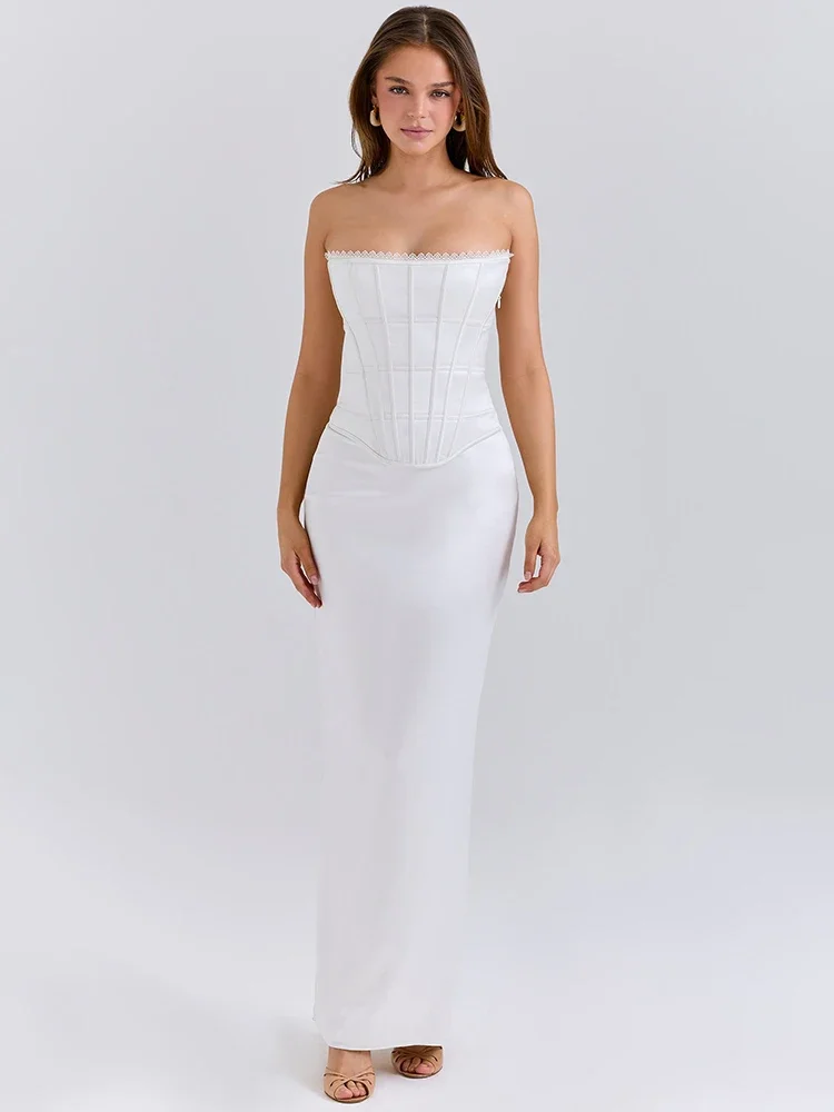 Satin Off-shoulder Backless Sexy Maxi Dress Women Fashion White Strapless Sleeveless Back Split Club Party Long Dress