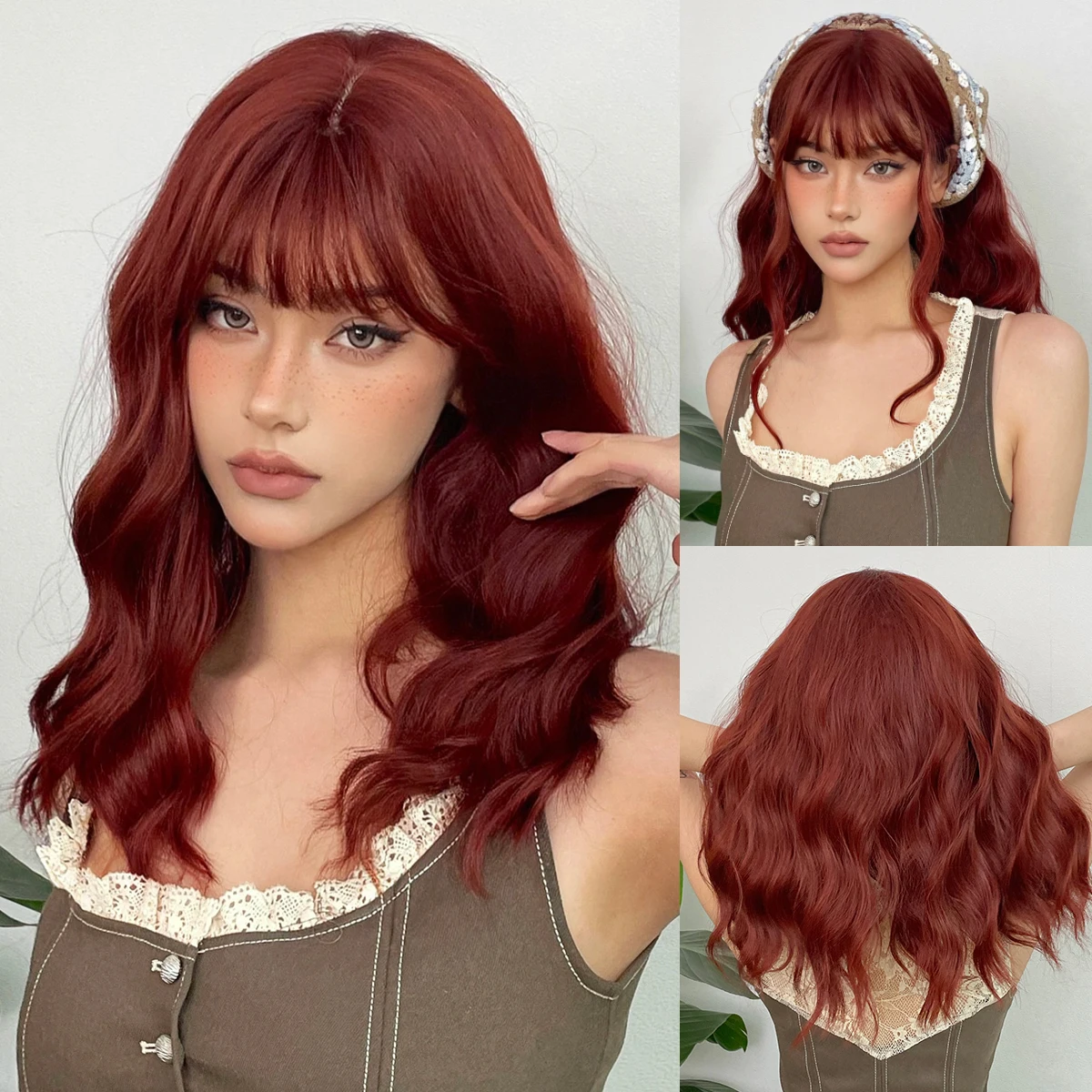 

Red Brown Short Water Wavy Synthetic Wig with Bangs for Women Cosplay Natural Wigs Shoulder Length Fake Hair High Temperature