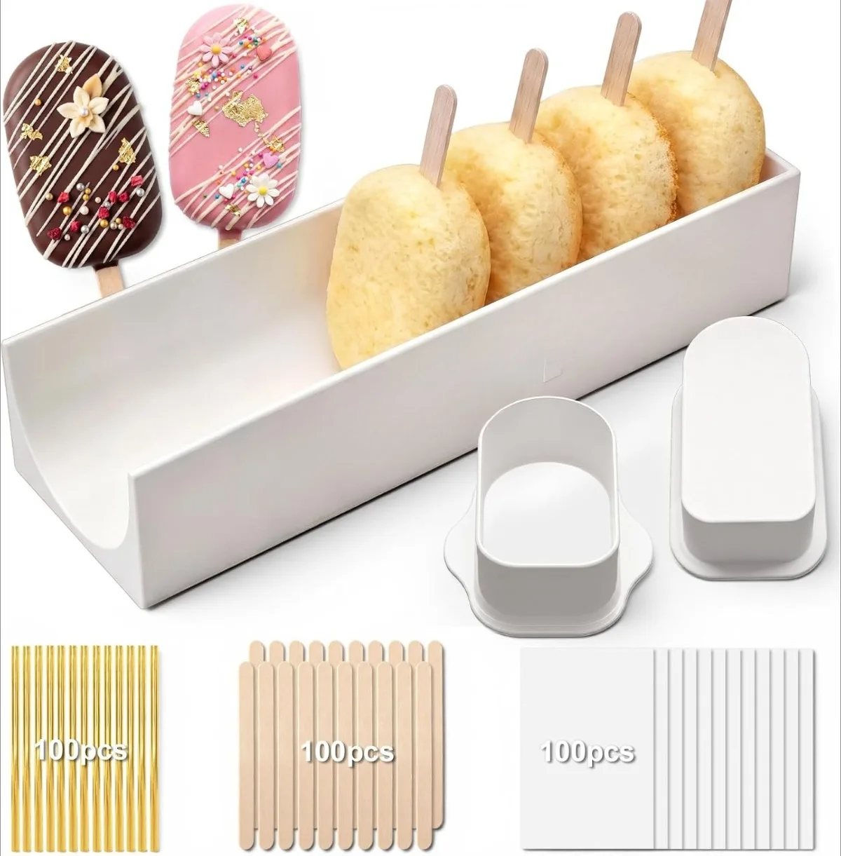 White Cake Stick Cutter and Mold Set 100 Sticks 100 Bags 100 Ribbons Plastic Baking Tool for Home Birthday Wedding Desserts