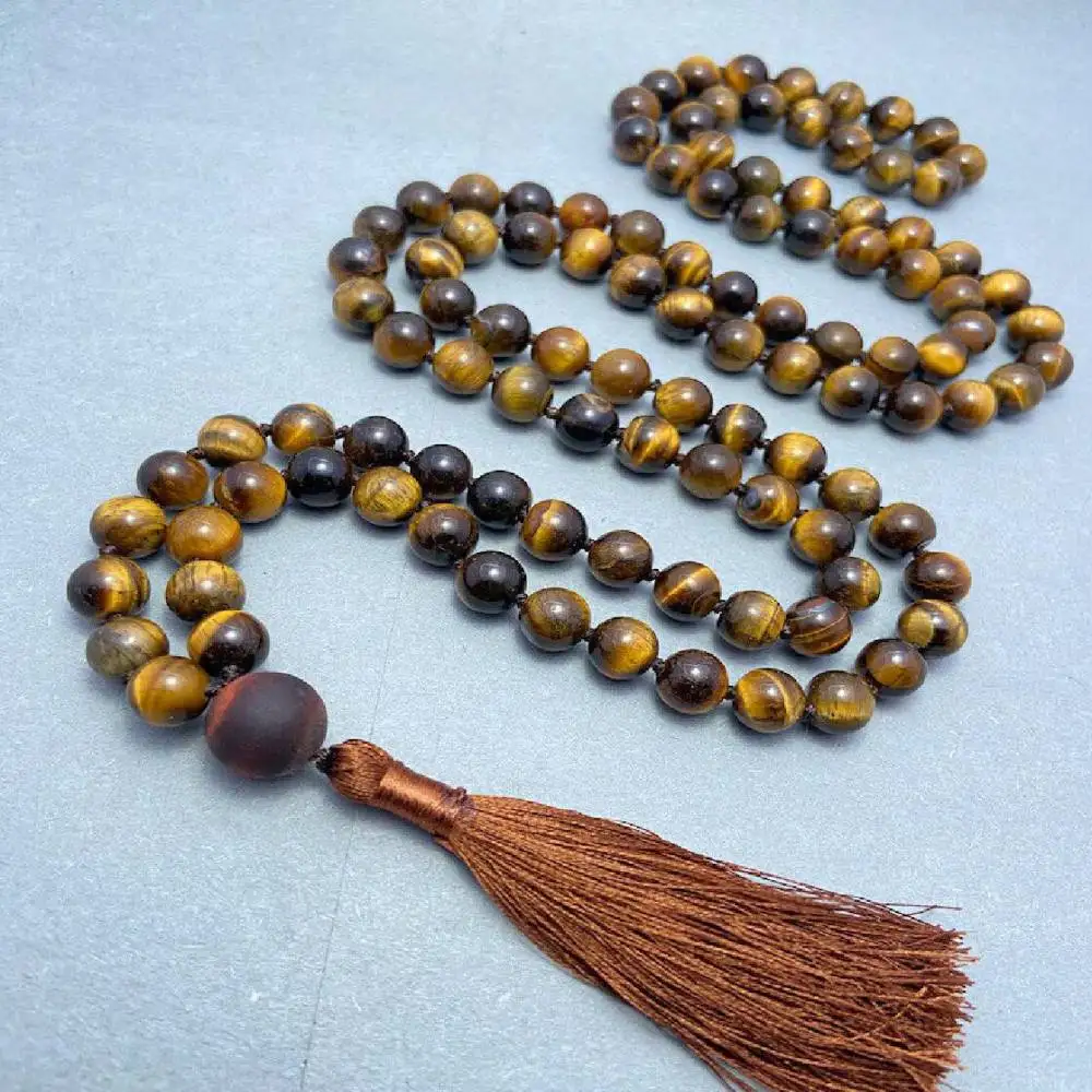 

Natural Tiger's Eye 108 Beads Mala Necklace with Brown Tassel Spiritual Meditation Jewelry