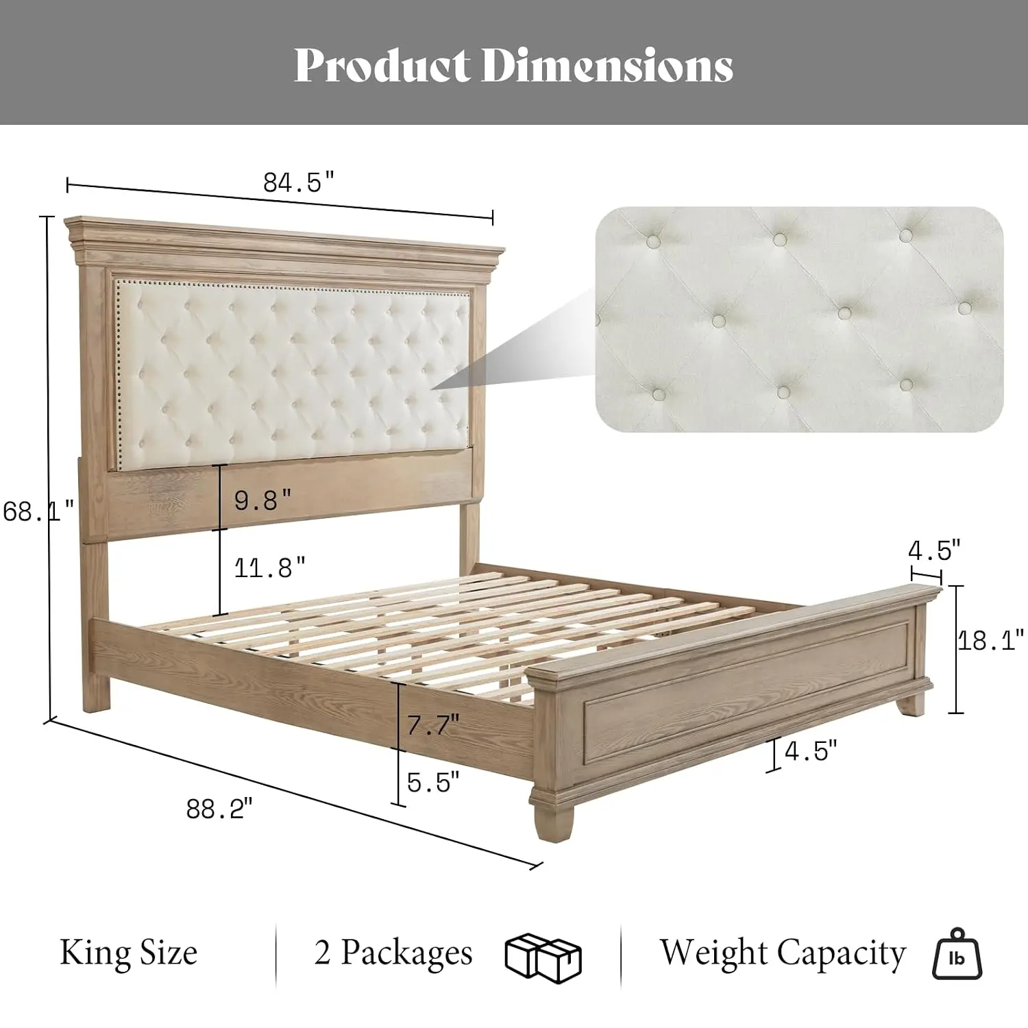 Solid Wood King Size Bed Frame with 68" Upholstered Headboard, Custom view 4