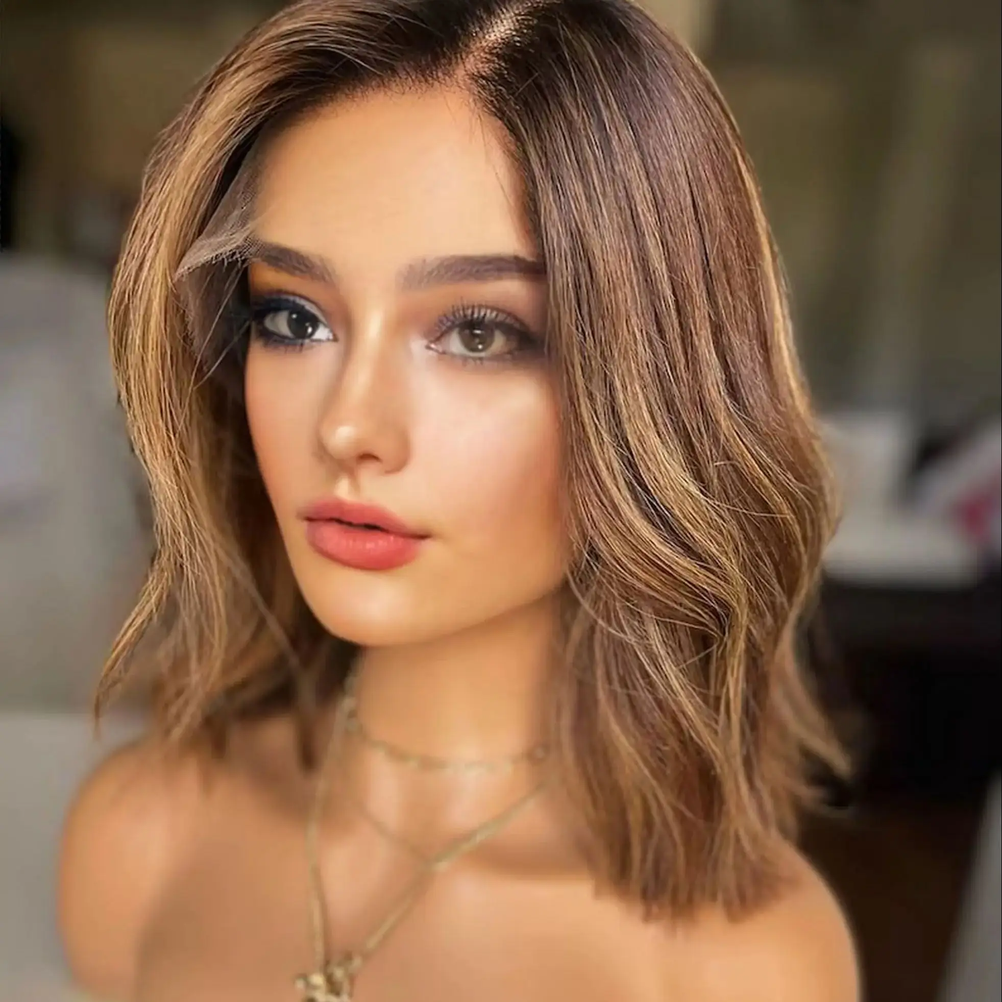 Luxury Shoulder Honey Brown Synthetic Lace Frontal Wigs Balayage Free Part Bob Body Wave Glueless Wigs Pre Plucked Hairline Hair