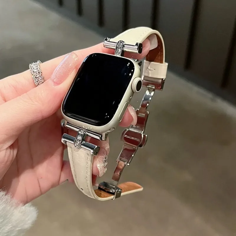 حزام جلدي بإبزيم على شكل فراشة متوافق مع حزام iWatch 38 مم 40 مم 41 مم 42 مم 44 مم 45 مم 49 مم حزام عصري