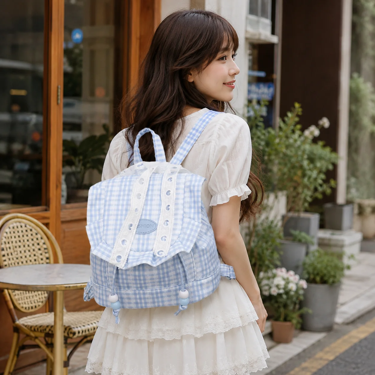 Blue Plaid Backpack Drawstring Lace Mini School Bag Women Cute Y2K College Rucksack Travel Daypack Bookbag